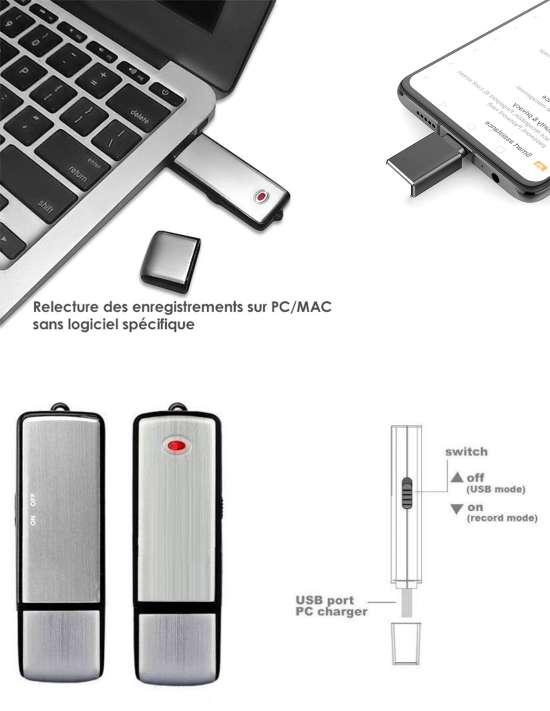Micro enregistreur clé USB : sauvegardez jusqu'à 96 heures sur 8 Go